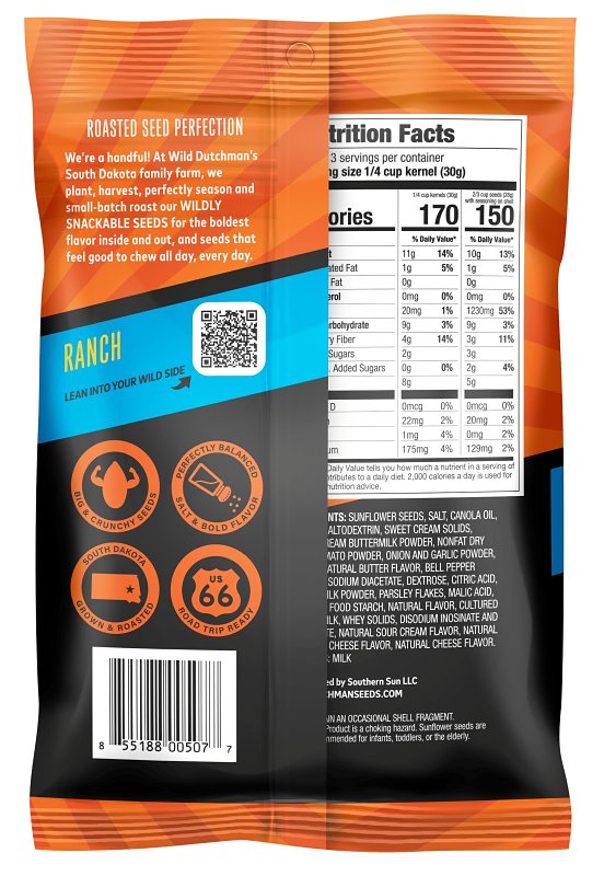 WILD Dutchman 507 Roasted Sunflower Seed, Ranch, 5.5 oz Bag, Pack of 12