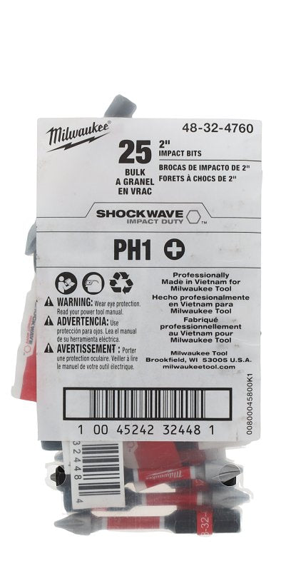 Milwaukee SHOCKWAVE 48-32-4760 Impact-Duty Power Screwdriver Bit, #1 Drive, Phillips Drive, 1/4 in Shank, Hex Shank, Pack of 25