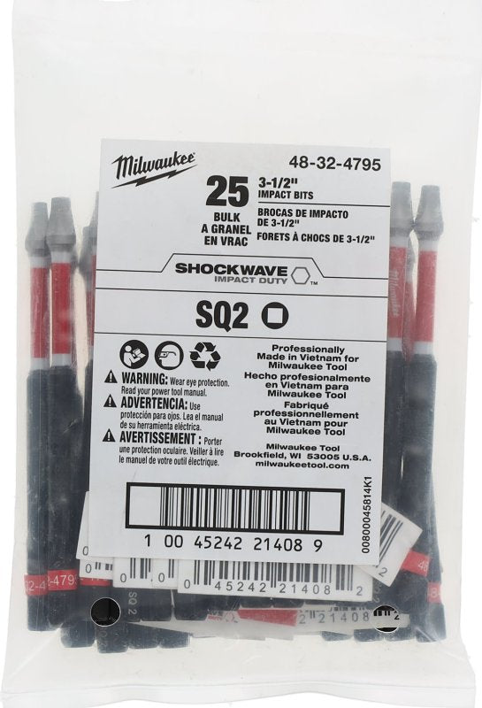 Milwaukee SHOCKWAVE 48-32-4795 Impact-Duty Power Screwdriver Bit, #2 Drive, Square Recess Drive, 1/4 in Shank, Hex Shank, Pack of 25