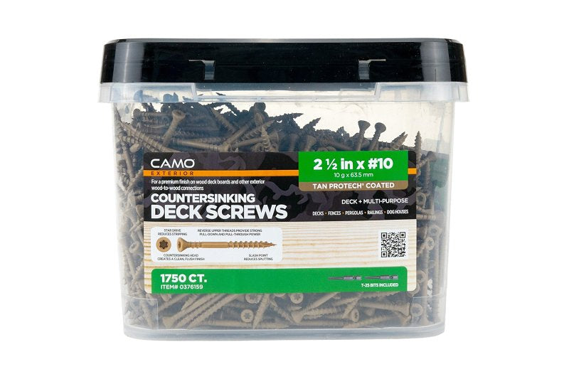 Camo 0376159 Deck Screw, #10 Thread, 2-1/2 in L, Coarse Thread, Flat Head, Star Drive, Type 17 Slash Point, Carbon Steel