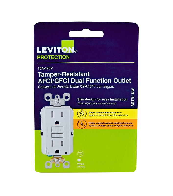 SmartlockPro R22-AGTR1-0KW Dual Function AFCI/GFCI Outlet, 125 VAC, 15 A, NEMA: 5-15R, Back, Side Wiring, White