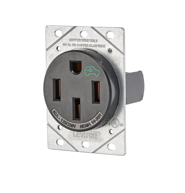 Leviton 1450R Duplex Outlet, 3-Pole, 50 A, 125/250 VAC, Side Wiring, NEMA: NEMA 14-50R, Black