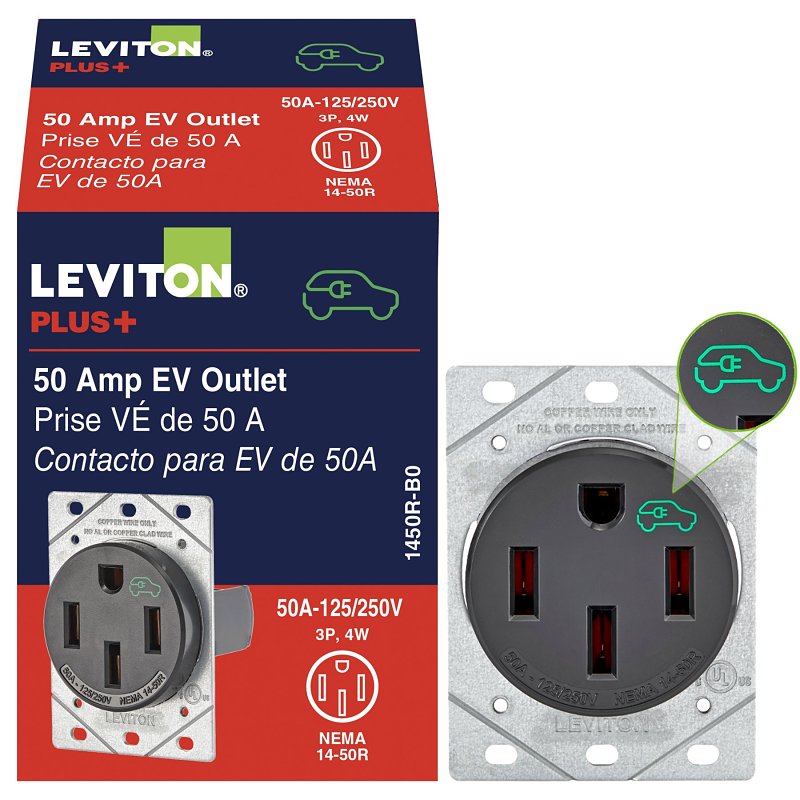 Leviton 1450R Duplex Outlet, 3-Pole, 50 A, 125/250 VAC, Side Wiring, NEMA: NEMA 14-50R, Black
