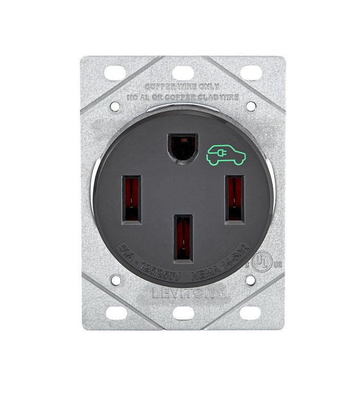Leviton 1450R Duplex Outlet, 3-Pole, 50 A, 125/250 VAC, Side Wiring, NEMA: NEMA 14-50R, Black