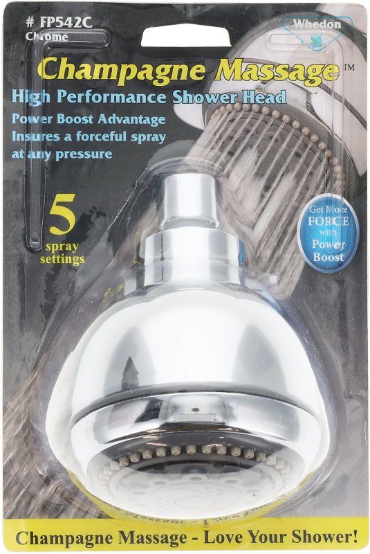 Whedon FP542C Showerhead, 2 gpm, 1/2 in Connection, 5 -Spray Function, Plastic, Polished Chrome, 3-1/2 in Dia, 4 in L