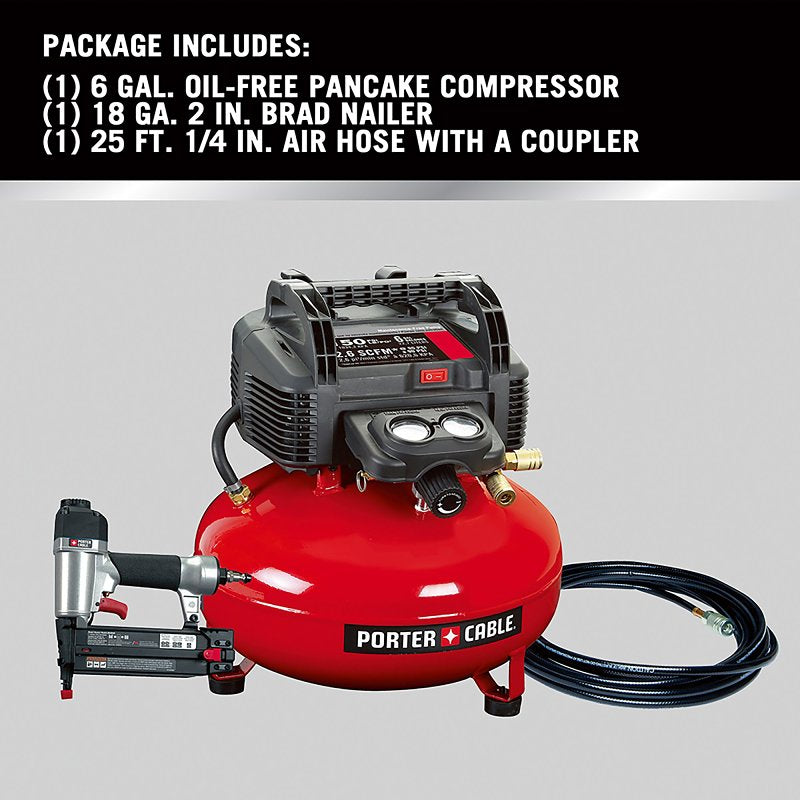 Porter-Cable PXCM12236 Portable Air Compressor, Electric, 6 gal Tank, 0.8 hp, 120 V, 150 psi Pressure, 1-Stage