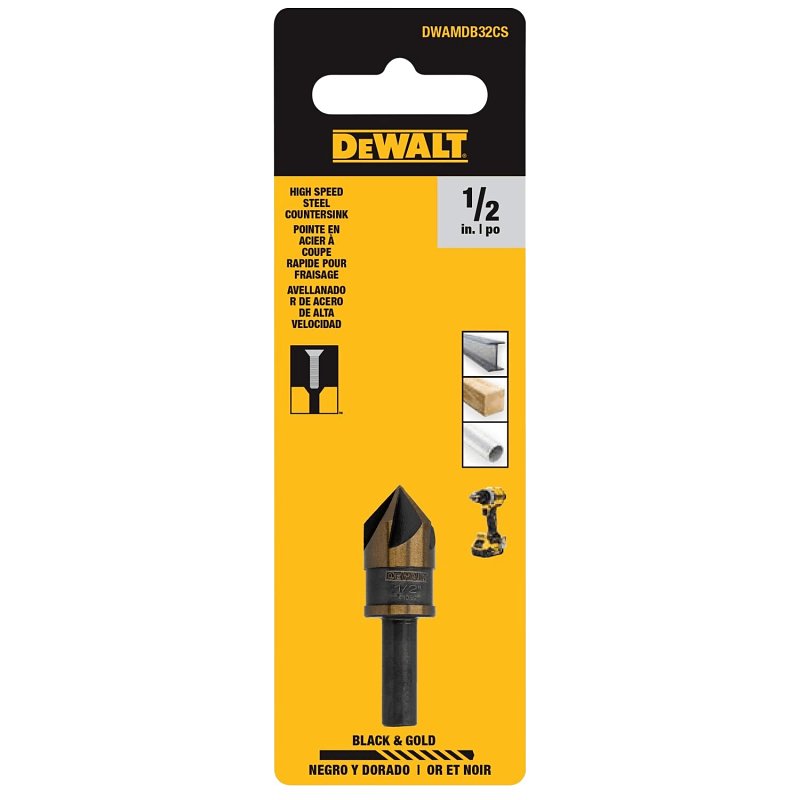 DEWALT BLACK & GOLD Series DWAMDB32CS Countersink Drill Bit, 1/2 in Dia, 1-7/10 in OAL, 5-Flute, 1/4 in Dia Shank
