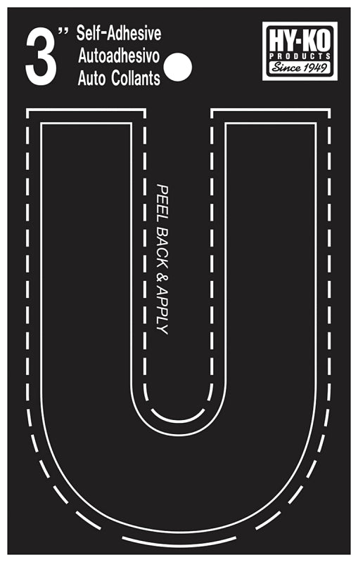 Hy-Ko 30400 Series 30431 Self-Stick Die-Cut Letter, Character: U, 3 in H Character, Black Character, Vinyl, Pack of 10