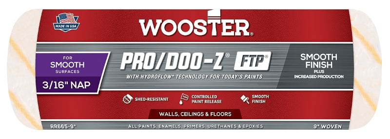 Wooster Pro/Doo-Z FTP RR665-9 Roller Cover, 3/16 in Thick Nap, 9 in L, Fabric Cover, White