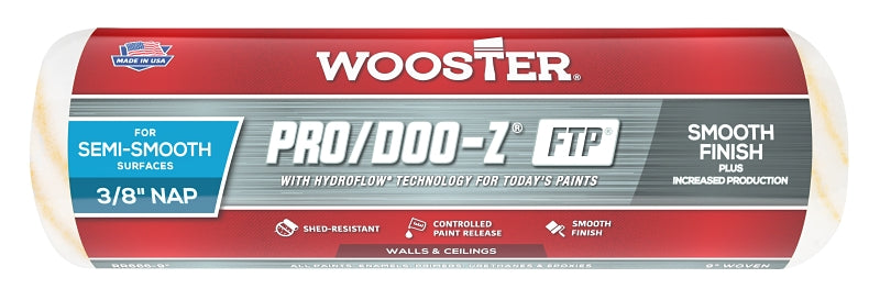 Wooster Pro/Doo-Z FTP RR666-9 Roller Cover, 3/8 in Thick Nap, 9 in L, Fabric Cover, White