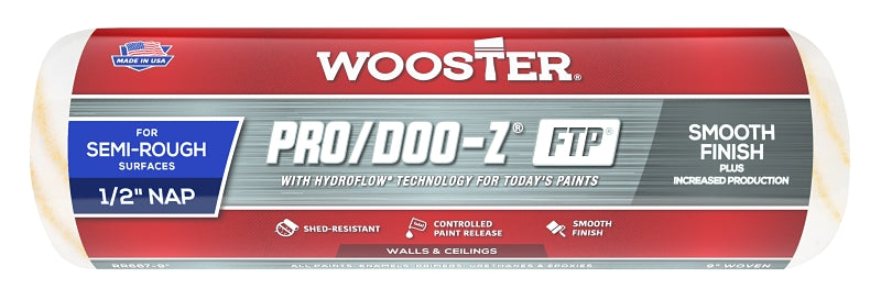 Wooster Pro/Doo-Z FTP RR667-9 Roller Cover, 1/2 in Thick Nap, 9 in L, Fabric Cover, White