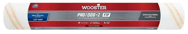 Wooster RR667-18 Roller Cover, White, 1/2 in Thick Nap, 18 in L, Fabric Cover