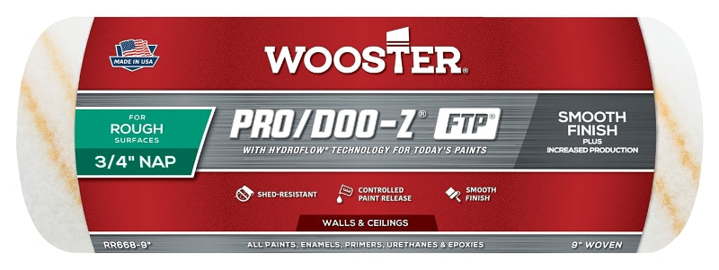 Wooster RR668-9 Roller Cover, White, 3/4 in Thick Nap, 9 in L, Fabric Cover