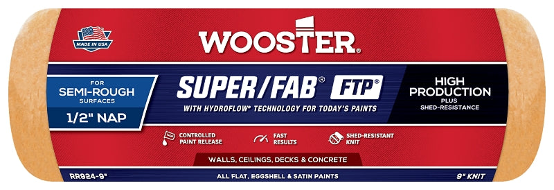 Wooster Super/Fab FTP RR924-9 Roller Cover, 1/2 in Thick Nap, 9 in L, Fabric Cover, Lager