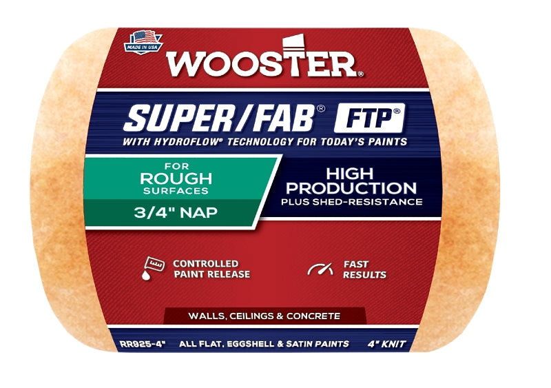 Wooster Super/Fab FTP RR925-4 Roller Cover, 3/4 in Thick Nap, 4 in L, Fabric Cover, Lager