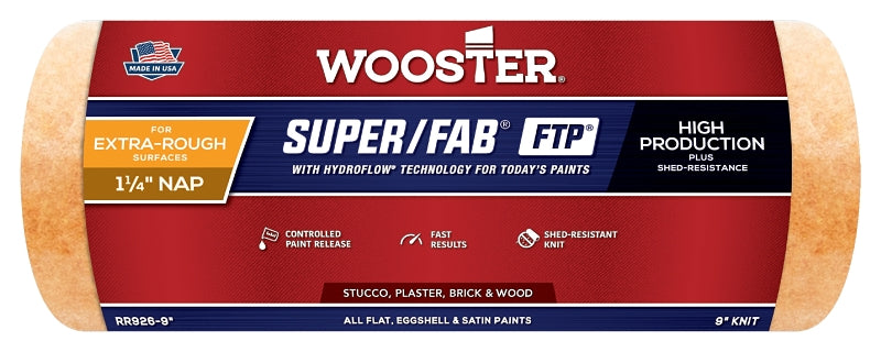 Wooster Super/Fab FTP RR926-9 Roller Cover, 1-1/4 in Thick Nap, 9 in L, Fabric Cover, Lager