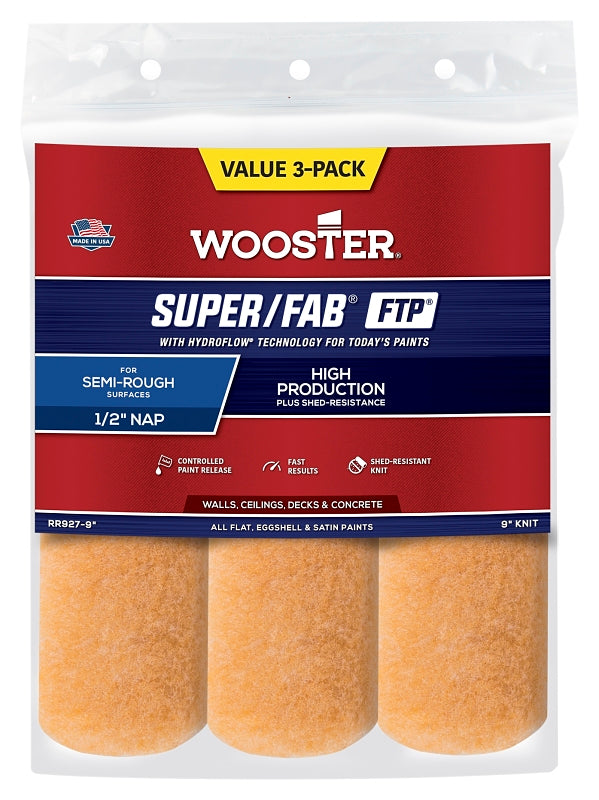 Wooster Super/Fab FTP RR927-9 Roller Cover, 1/2 in Thick Nap, 9 in L, Fabric Cover, Lager