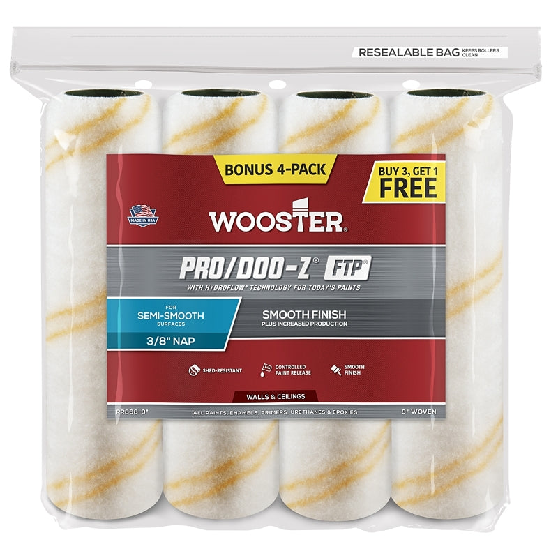 Wooster RR868-9 Roller Cover, White, 3/8 in Thick Nap, 9 in L, Fabric Cover, 4/PK