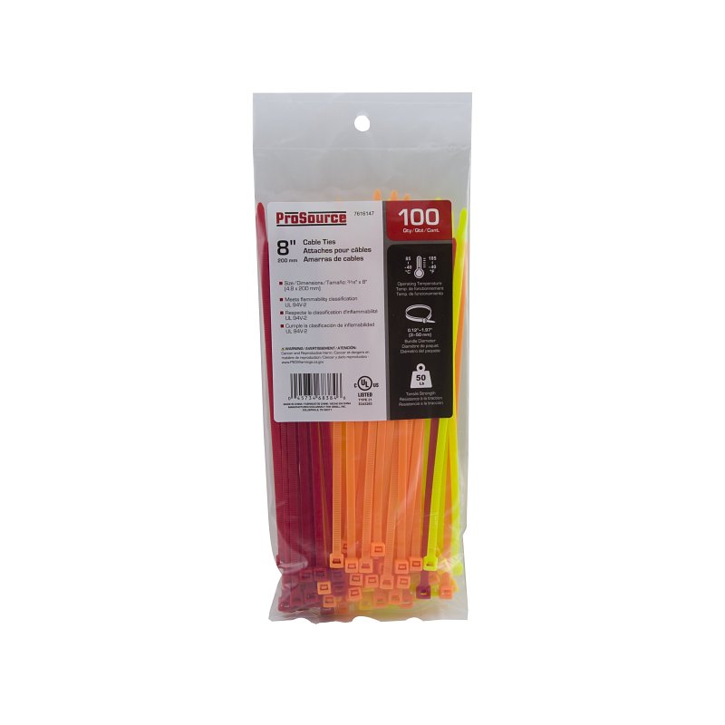 ProSource CT0941 Cable Tie, 8 inches, 50lb Tensile Strength, Self-Locking Locking, Nylon, Fluorescent Green/Orange/Red/Yellow