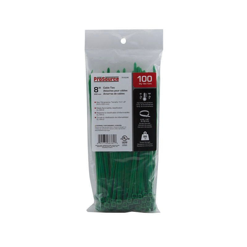 ProSource CT0943 Cable Tie, 8 inches, 50lb Tensile Strength, Self-Locking Locking, Nylon, Green