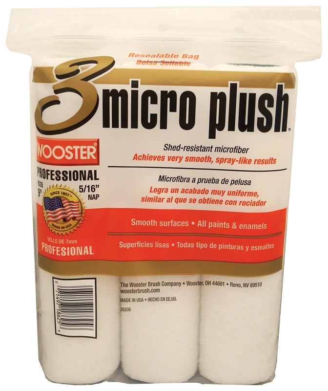 Wooster R335-9 Roller Cover, White, 5/16 in Thick Nap, 9 in L, Microfiber Cover, 3/PK