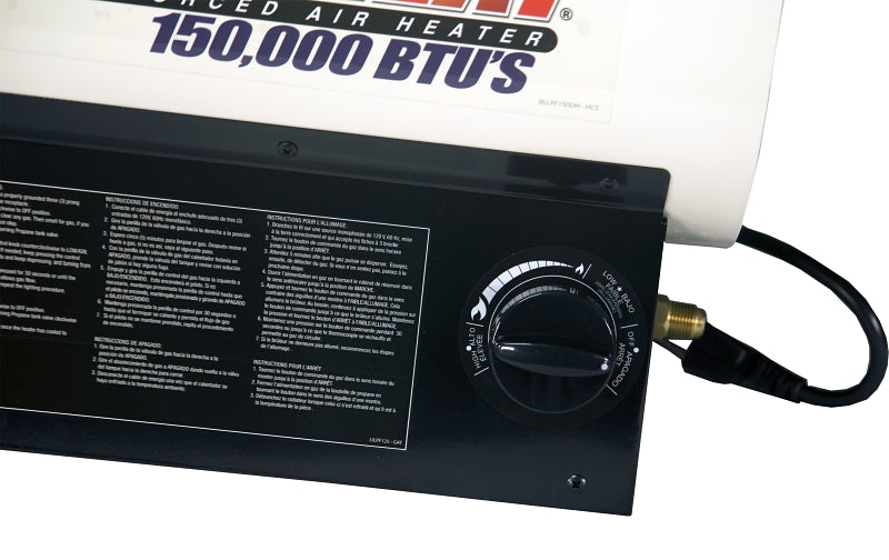 Reddy Heater Forced Air Heater, LP, Operates on 100 lb LP tank, 150K BTU, 3800 sq-ft Heating Area, 99% Efficency