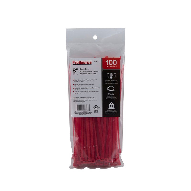 ProSource CT0945 Cable Tie, 8 inches, 50lb Tensile Strength, Self-Locking Locking, Nylon, Red