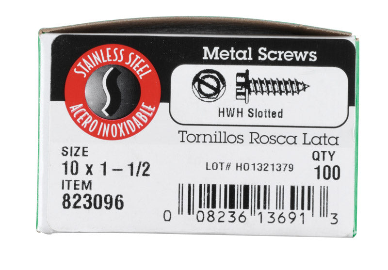 HILLMAN No. 10 X 1-1/2 in. L Slotted Hex Washer Head Sheet Metal Screws 100 pk