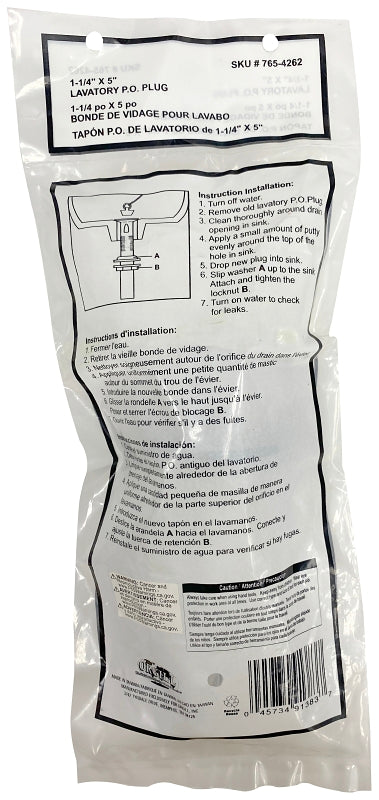 ProSource TW0914 Lavatory Plug, Pull-Out, Chrome