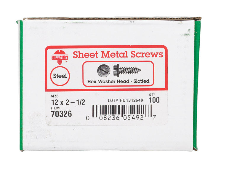 HILLMAN No. 12 X 2-1/2 in. L Slotted Hex Washer Head Sheet Metal Screws 100 pk