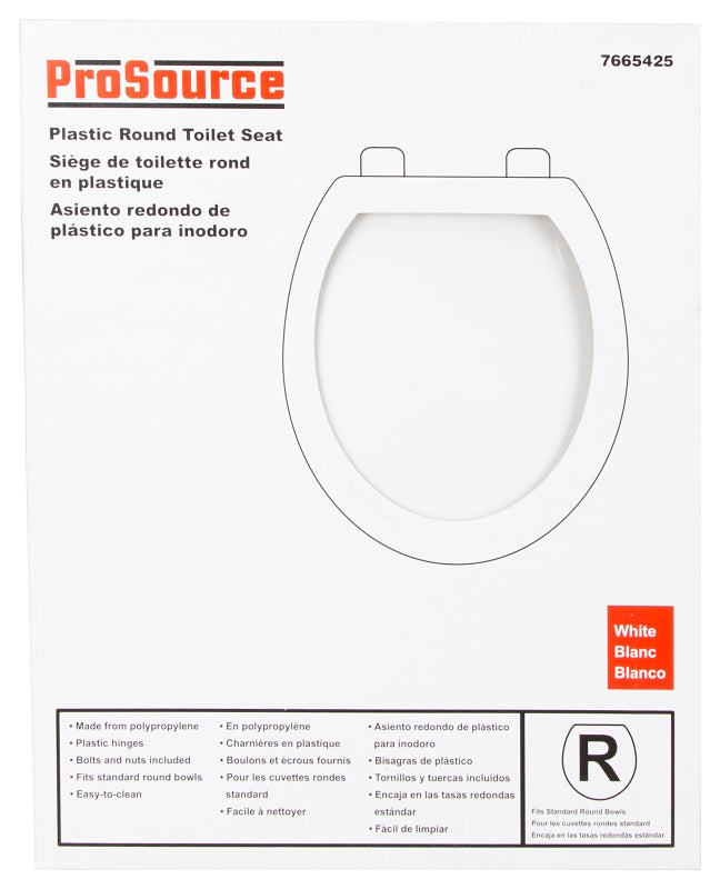ProSource KJ-883A1-WH Toilet Seat, Round, Plastic, White, Plastic Hinge Hinge