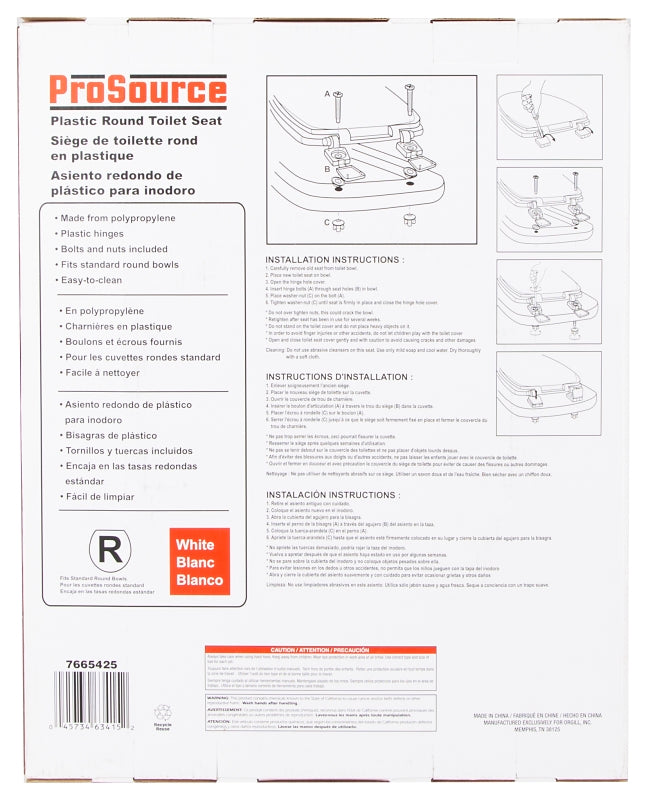 ProSource KJ-883A1-WH Toilet Seat, Round, Plastic, White, Plastic Hinge Hinge