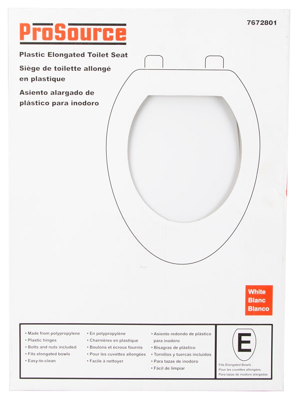 ProSource KJ-873A1-WH Toilet Seat, Elongated, Plastic, White, Plastic Hinge Hinge