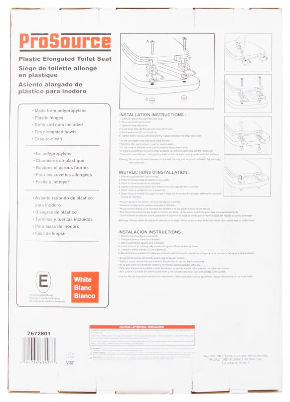 ProSource KJ-873A1-WH Toilet Seat, Elongated, Plastic, White, Plastic Hinge Hinge