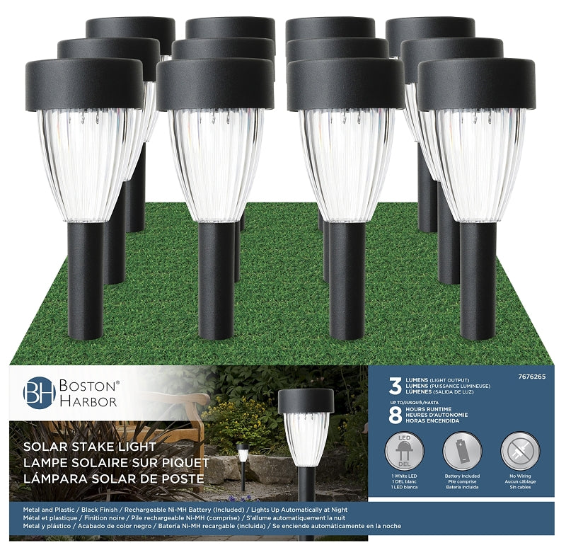 Boston Harbor 27088 Solar Stake Light, Nickel-Metal Hydride Battery, AA Battery, 1-Lamp, LED Lamp, Black, Pack of 12