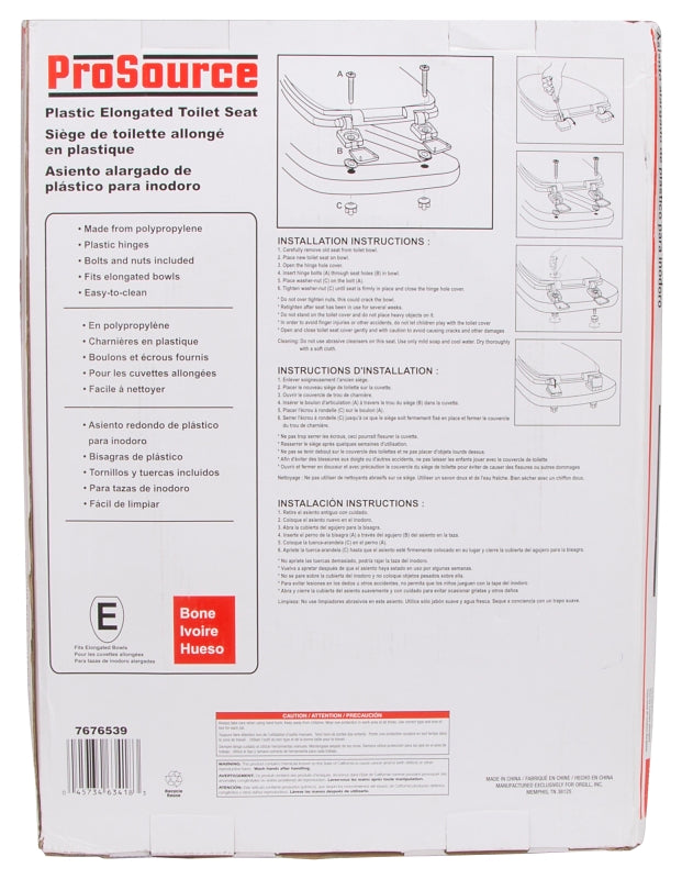 ProSource KJ-873A1-BN Toilet Seat, Elongated, Plastic, Bone, Plastic Hinge Hinge