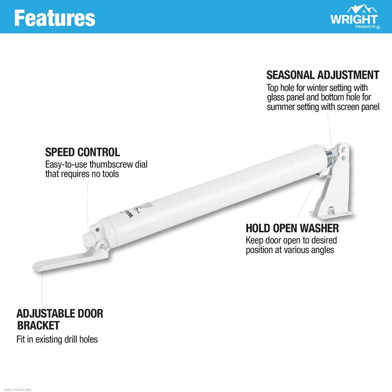 Wright Products V1022WH Pneumatic Screen and Storm Door Closer, 10-1/2 in Dia Rod, 12-1/4 in L, Gloss, 90 deg Opening
