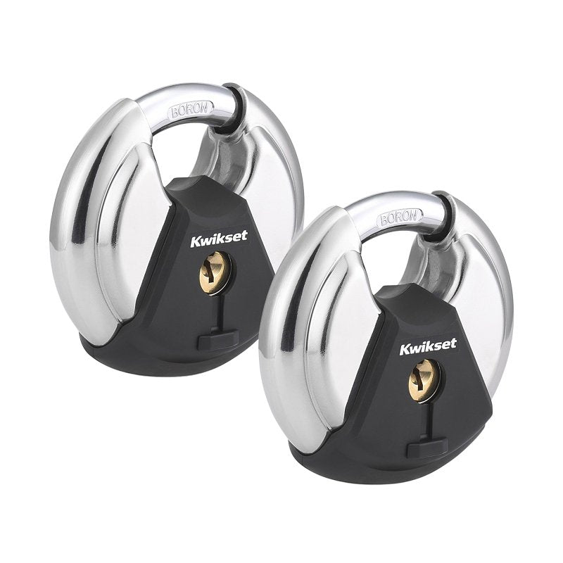 Kwikset 90260-502 Discus Padlock, Keyed Alike Key, 0.37 in Dia Shackle, 0.61 in H Shackle, Boron Carbide Shackle