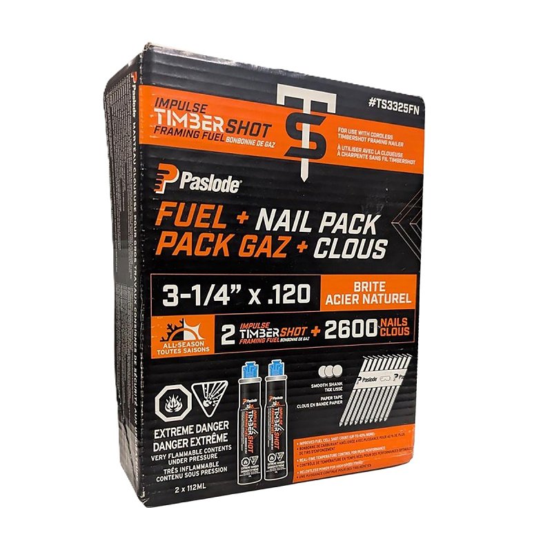 Paslode TS3325FN Framing Fuel and Nail Combo, 3-1/4 in L, Brite, Round Head, Smooth Shank