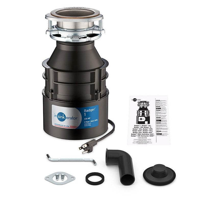 InSinkErator Badger Series 76039A Garbage Disposal with Cord, 26 oz Grinding Chamber, 1/3 hp Motor, 120 V, Steel, Gray