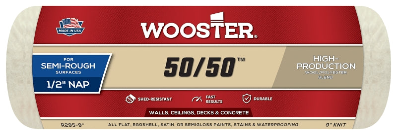 Wooster 50/50 R295-9 Roller Cover, 1/2 in Thick Nap, 9 in L, Lambs Wool/Polyester Cover, Cream