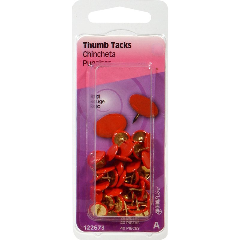 Hillman 122673 Thumb Tack, 15/64 in Shank, Steel, Painted, Red, Cap Head, Sharp Point, Pack of 6