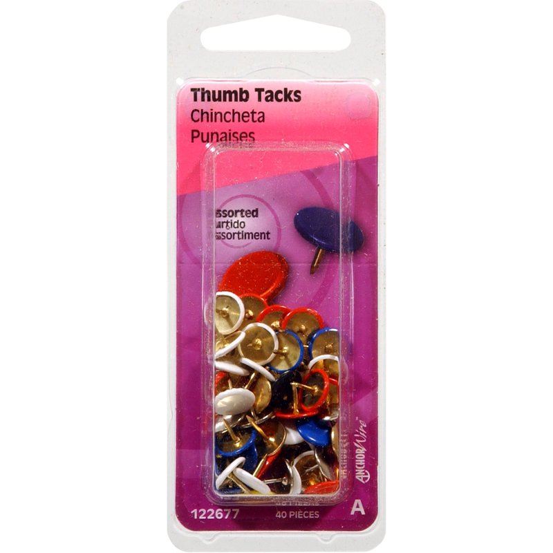 Hillman 122677 Thumb Tack, Steel, Painted, Assorted, Flat Head, Sharp Point, Pack of 6