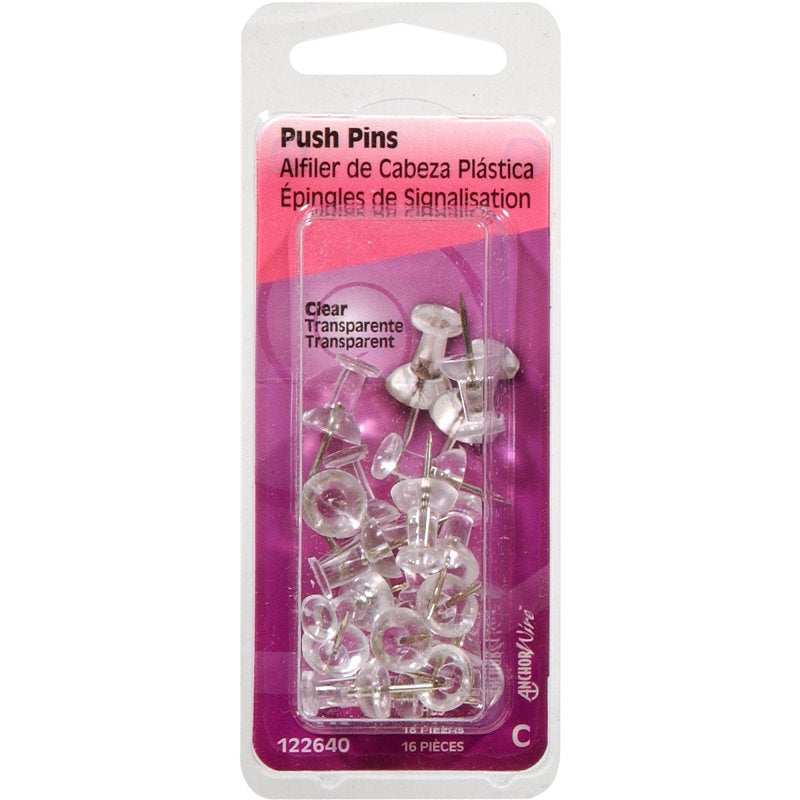 Hillman 122640 Push Pin, 3/8 in L, Plastic, Clear, Pack of 6