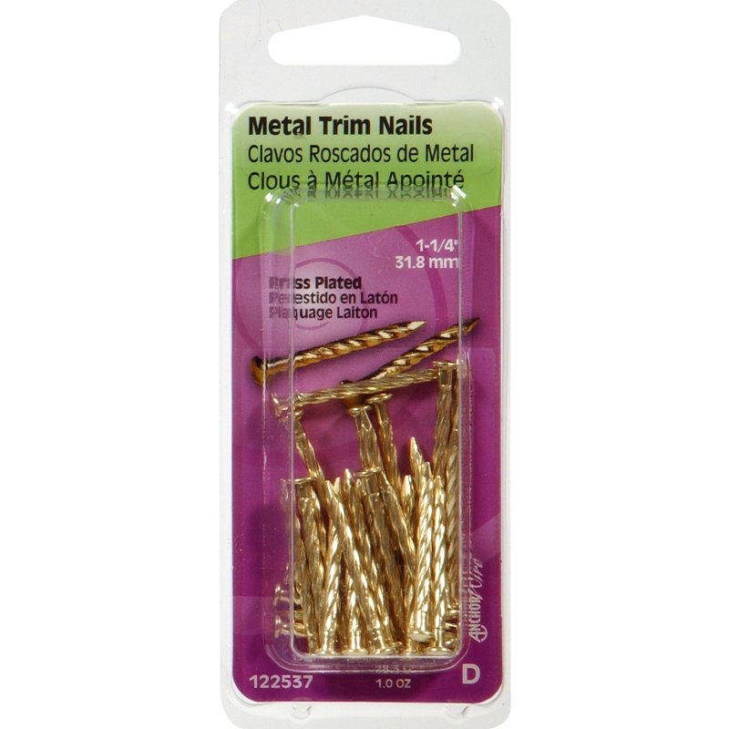 Hillman 122537 Trim Nail, 1-1/4 in L, Steel, Brass-Plated, Flat Head, Spiral Shank, 1 oz, Pack of 6