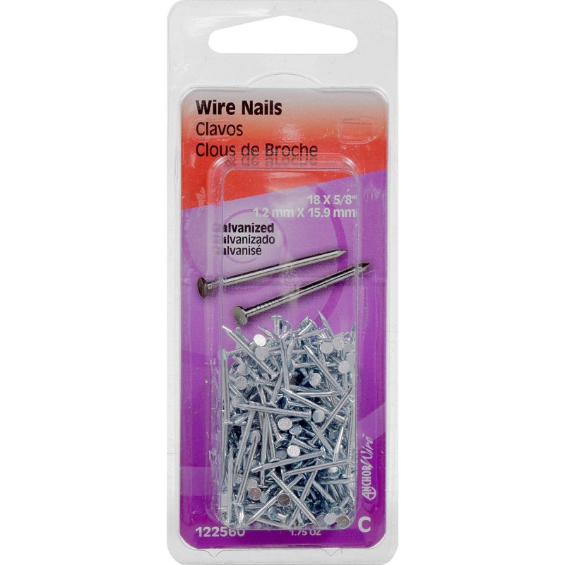 Hillman 122560 Wire Nail, 5/8 in L, Steel, Galvanized, Flat Head, Smooth Shank, 1.75 oz, Pack of 6