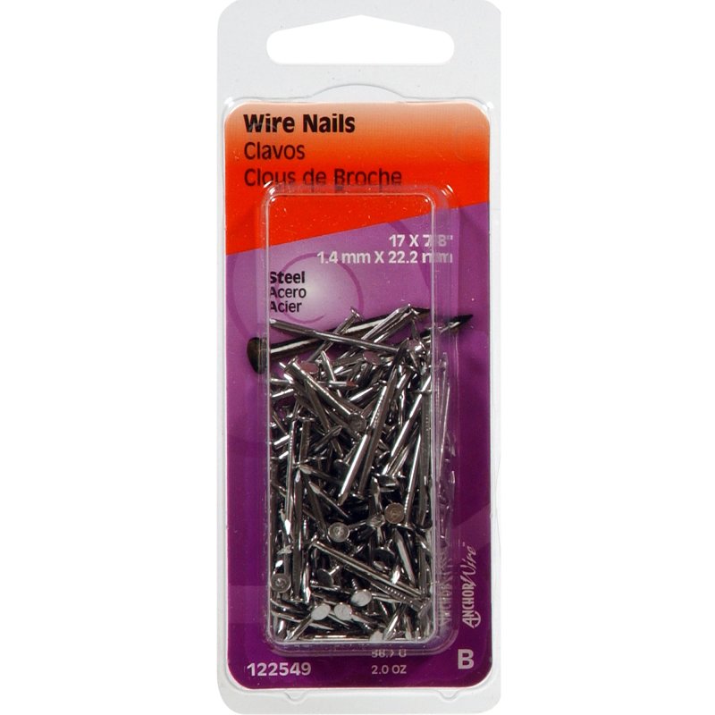 Hillman 122549 Wire Nail, 7/8 in L, Steel, Bright, Flat Head, Smooth Shank, Silver, 2 oz, Pack of 6