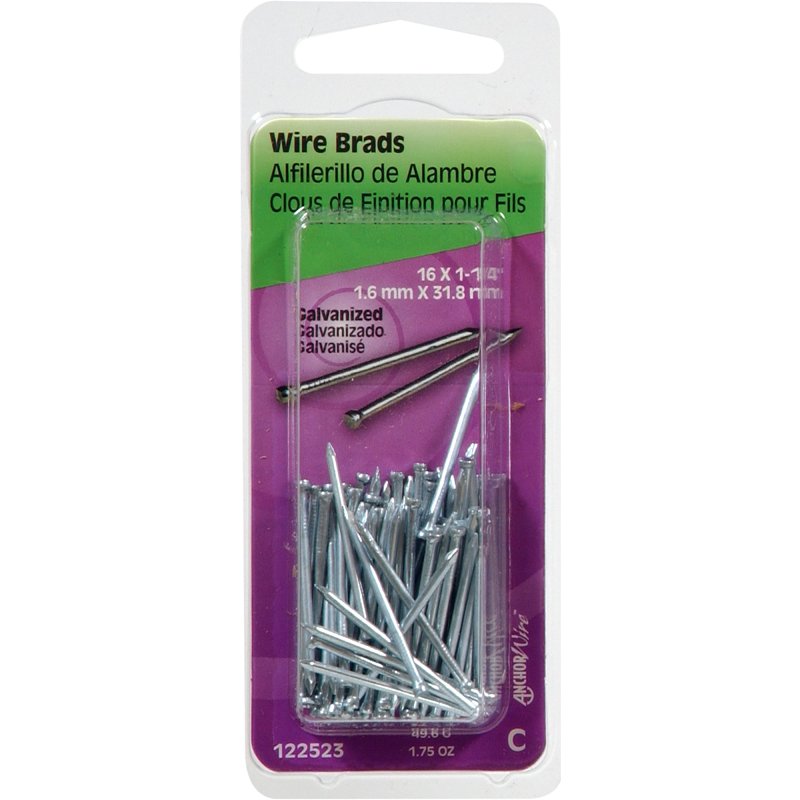 Hillman 122523 Wire Brad, 1-1/4 in L, Steel, Galvanized, Brad Head, Thin Shank, 1.75 oz, Pack of 6