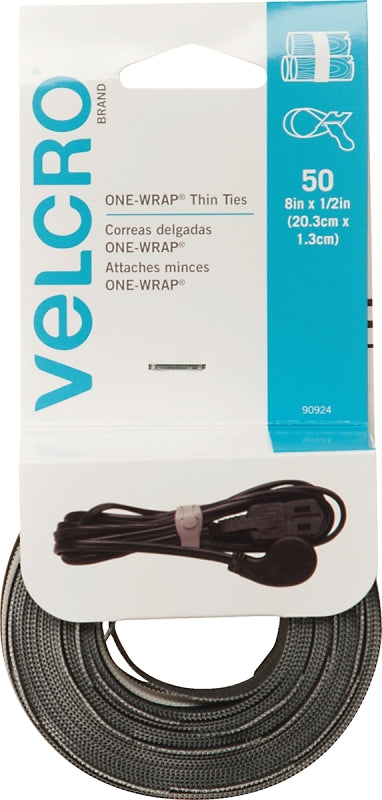 VELCRO Brand One Wrap 90924 Hook and Loop Fastener, 1/2 in W, 8 in L, Black/Gray