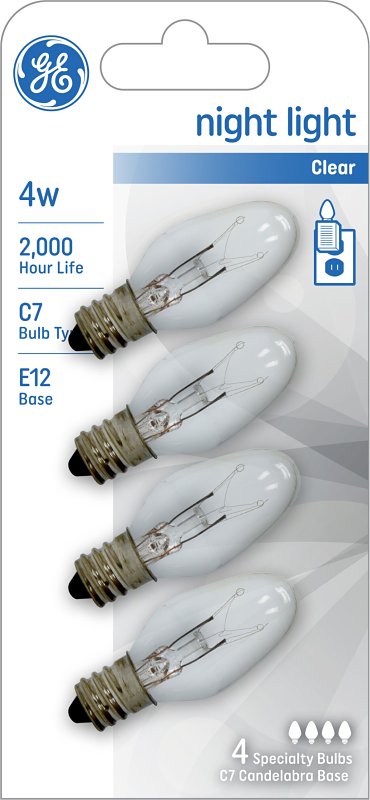 GE 20572 Night Light Bulb, 4 W, E12 Candelabra Lamp Base, C7 Lamp, 16 Lumens, 2000 hr Average Life, Pack of 12